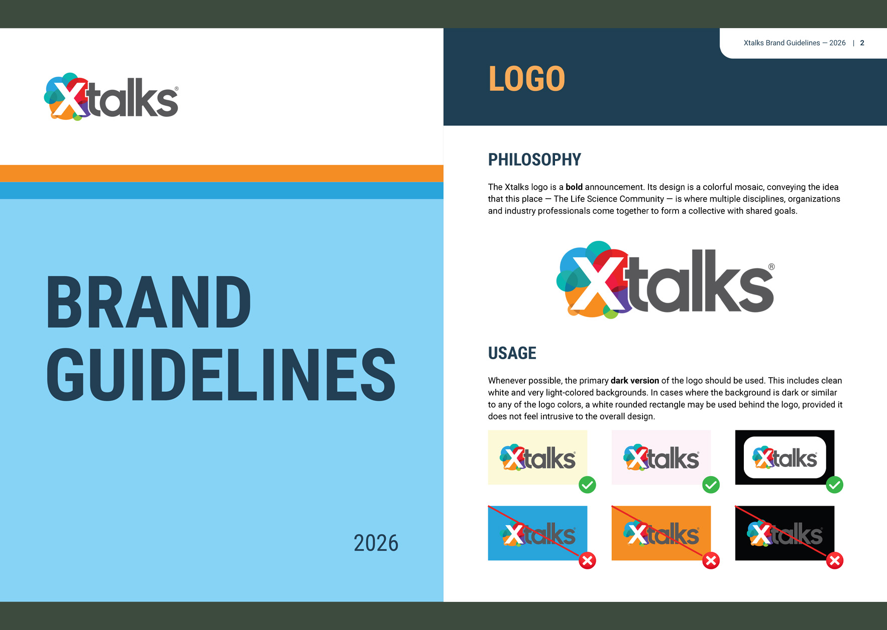 Pages from the 2026 Xtalks brand guidelines showing the refreshed logo and its philosophy.