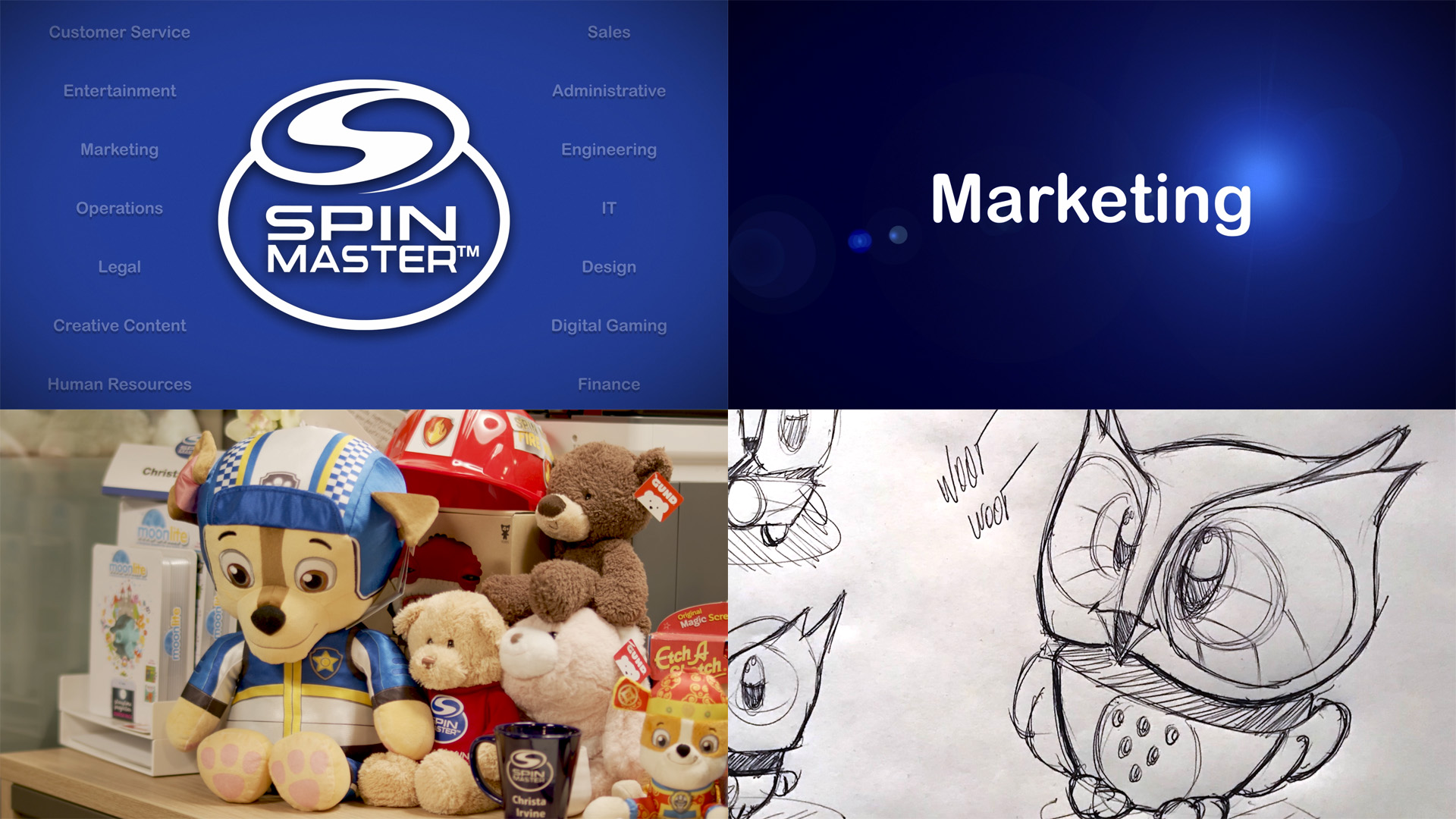 A Spin Master Careers video montage featuring the Spin Master logo, marketing, Paw Patrol products, and concept artwork.