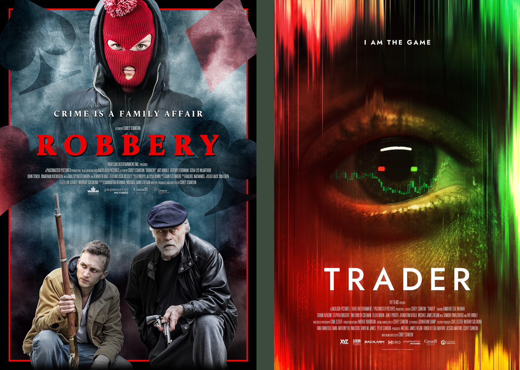 The posters for Corey Stanton's feature films Robbery and Trader.