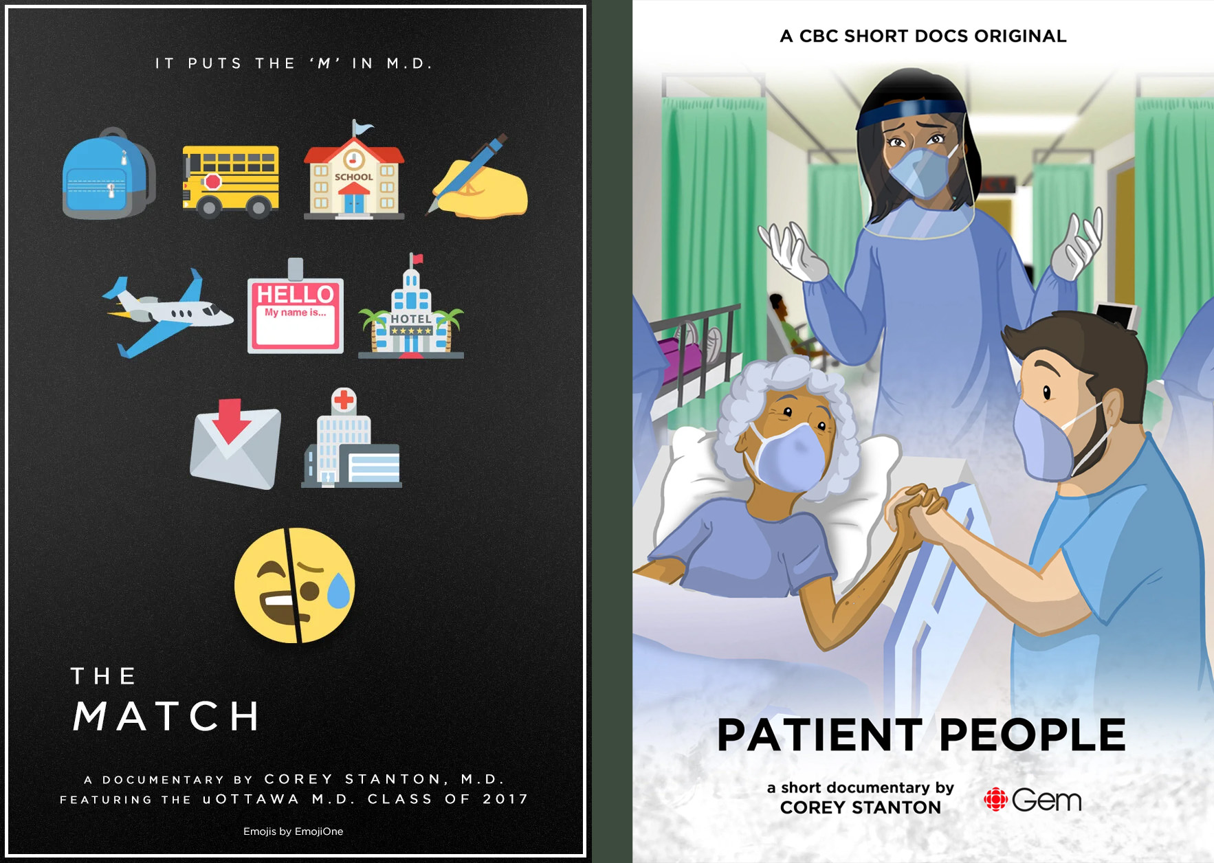 The posters for Corey Stanton's documentaries The Match and Patient People.